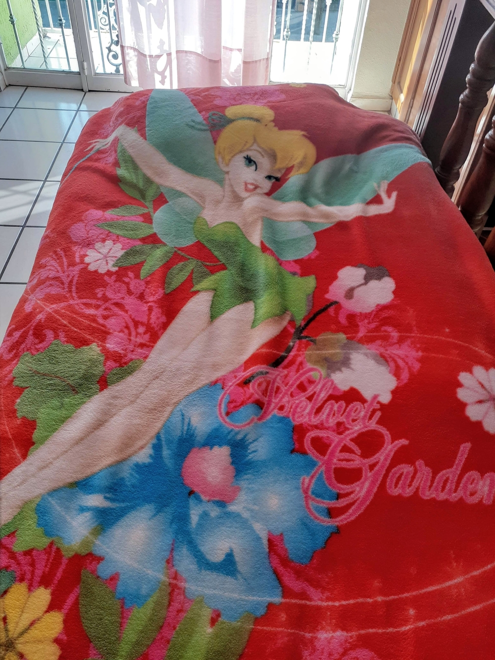 Disney Tinker Bell Red Pink Blue Floral Plush Throw Blanket